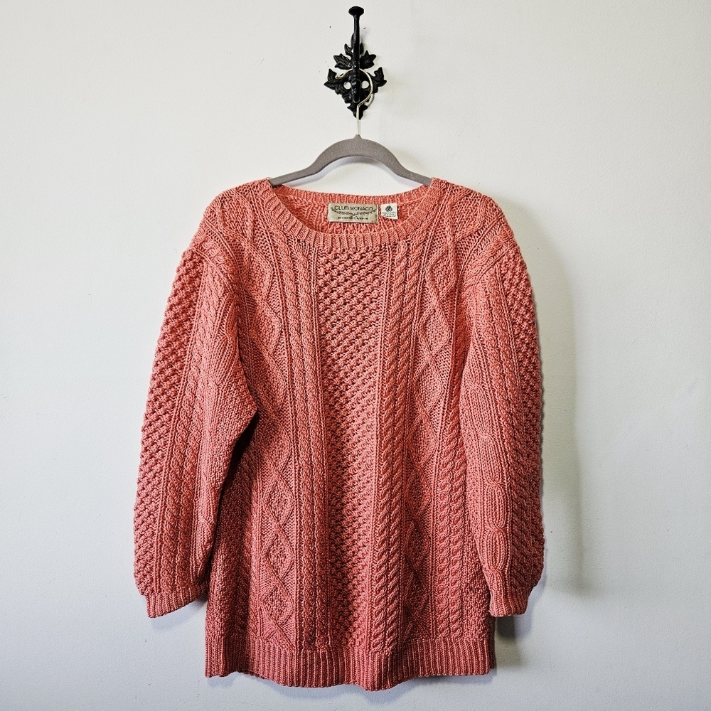 Vintage Club Monaco by Alfred Sung Peach Cable Knit Sweater Size L 100% Wool